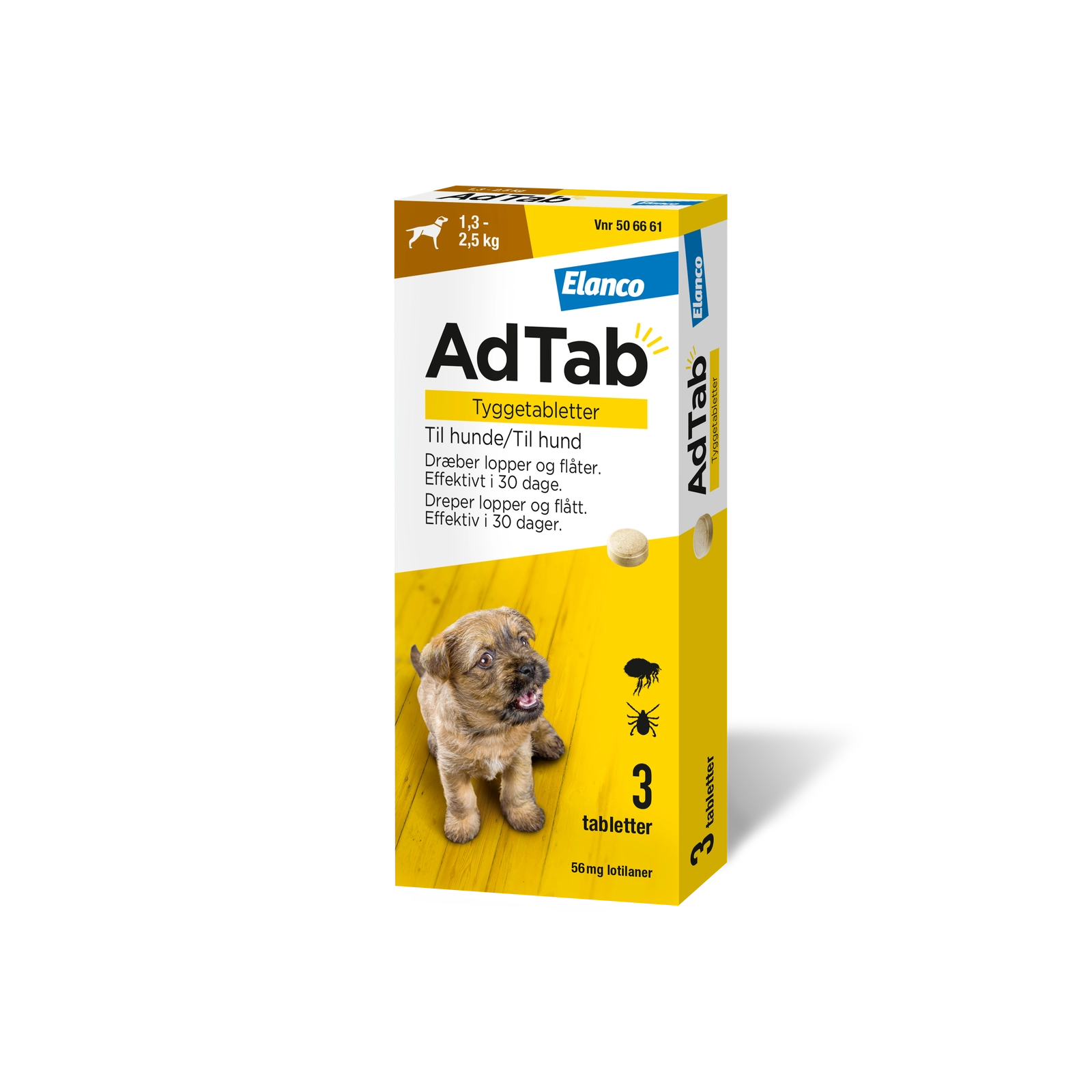 AdTab tyggetabletter loppe- og flåtmiddel til hund 1,3-2,5 kg (3 stk)