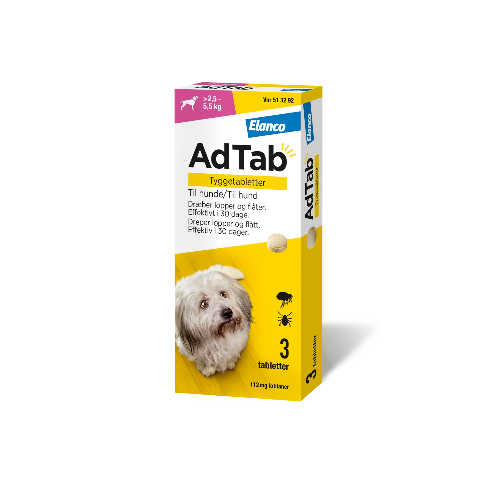 AdTab tyggetabletter loppe- og flåtmiddel til hund 2,5-5,5 kg (3 stk)